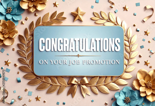 Beautiful golden congratulations card for job promotion with decorative flowers and stars design
