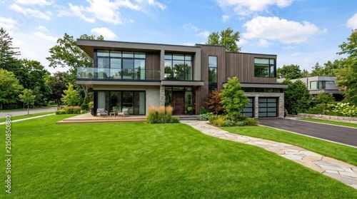 A modern, two-story house with a wooden exterior and glass windows, surrounded by lush greenery and a paved driveway.