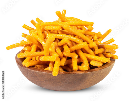 Crispy Spicy Stick Biscuits and Crunchy Savory Snack Straws Served in a Wooden Bowl Isolated on a White Background