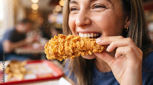 Happy young woman smiling and biting a piece of crispy deep fried chicken at fast food restaurant