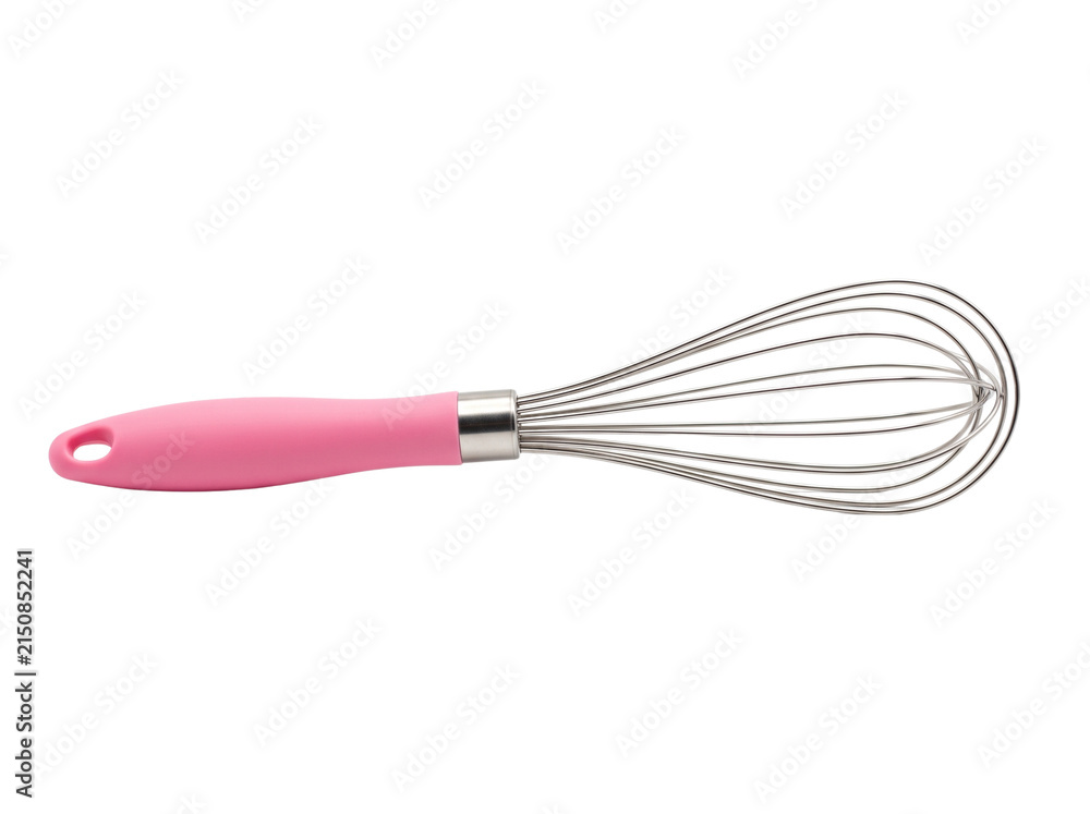 Obraz premium Stainless Steel Wire Whisk with Pink Handle Isolated on Black Background, Kitchen Egg Beater and Baking Tool for Cooking and Pastry Preparation