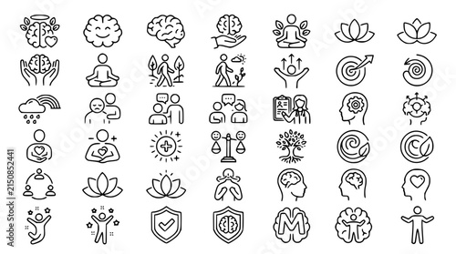 Bild auf Leinwand Mental health awareness and psychology line icon set featuring brain care medita