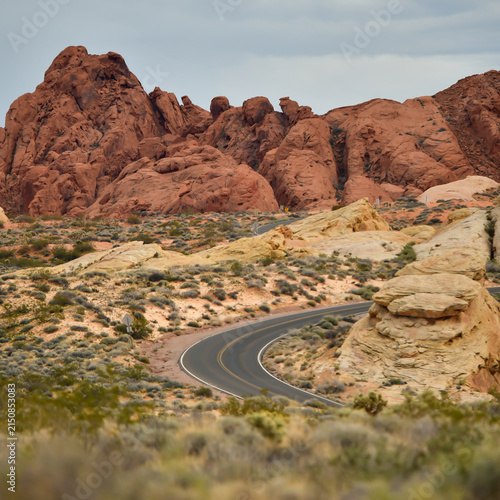 Empty desert road bends through sunlit red rock hills and Mojave scrub in Valley of Fire State Park, Nevada.