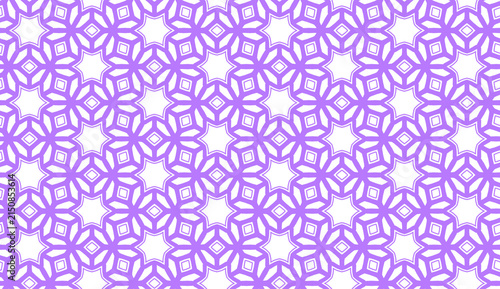 Seamless geometric pattern with interconnected star and hexagon shapes in violet and light beige, decorative design for wallpapers, fabrics, and background textures