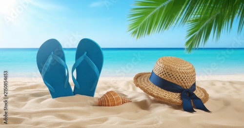 Summer beach vacation concept with blue flip flops, a straw hat, and a seashell on white sand against a turquoise ocean and clear sky, tropical holiday atmosphere