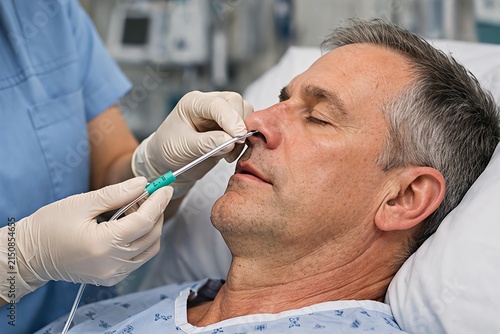 Nurse Inserting Nasogastric Tube for Patient in Hospital Bed