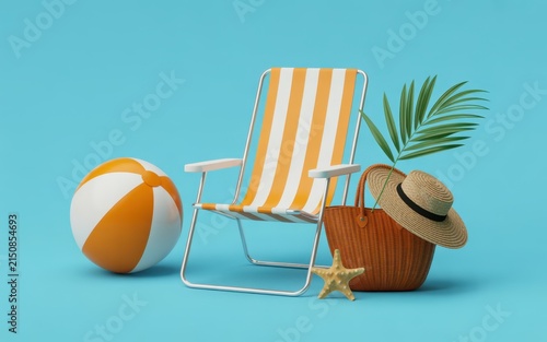 Summer beach vacation concept with striped folding chair beach ball straw hat and starfish isolated on a solid light blue background, for travel and, holiday advertising