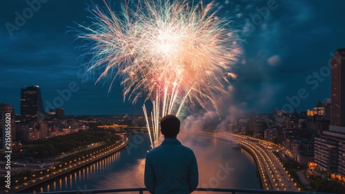 Silhouette of a man standing on a balcony overlooking a city river at night while watching a vibrant colorful firework display illuminating the dark sky above the urban landscape