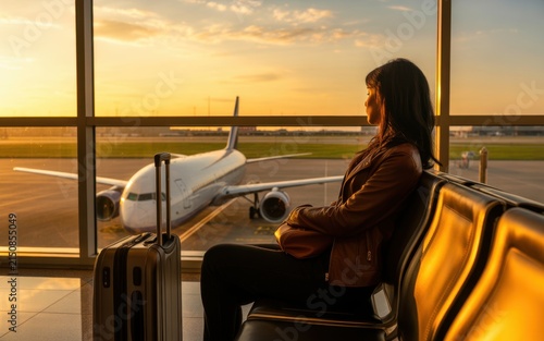 Silhouette of a woman sitting in an airport terminal lounge looking out the window at a parked airplane during a golden hour sunset, waiting for her flight to depart soon