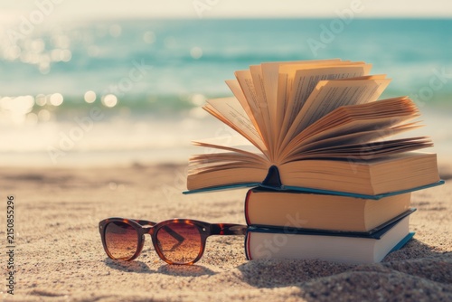 Stack of books with one open on resting on sandy beach shore with a pair of sunglasses nearby and blurred ocean waves in the background, during a sunny, summer day