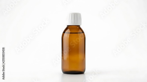 Amber glass bottle filled with liquid syrup, white cap, isolated on white background, pharmaceutical product mockup shot
