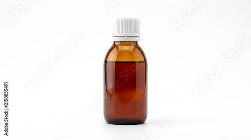 Amber glass bottle filled with liquid syrup, white cap, isolated on white background, cough medicine product mockup