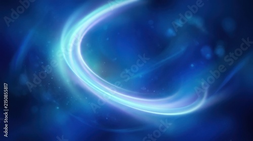 A blue and white abstract background with a glowing, curved light effect and small, glowing particles.