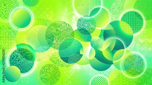 Green and yellow circles with intricate patterns, set against a gradient background with a soft glow effect.