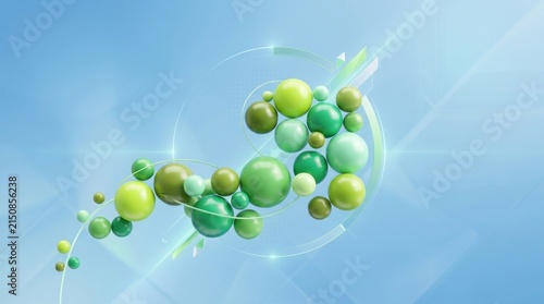 Green and yellow spheres with a blue sky background, featuring a light source and a curved line