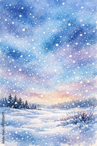 Winter scene with snow falling and a night sky filled with stars.