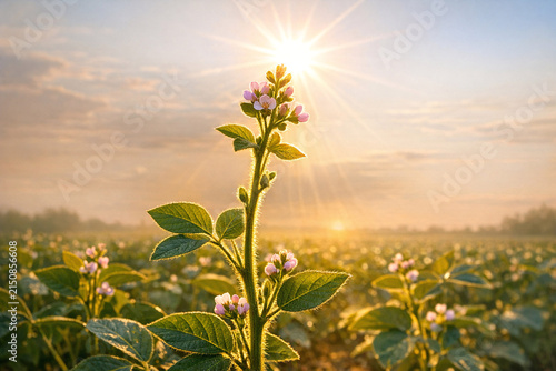 A field at sunset with plants and crops in full bloom, creating a serene agricultural scene.