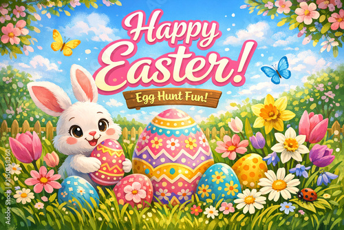 Cute bunny and eggs scene for Easter celebrations.