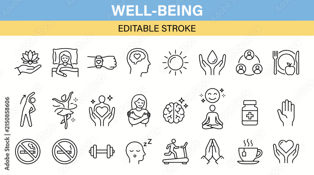 Fototapeta premium Well-Being Icons Set in Editable Stroke - Health, Mindfulness, Yoga and Self-Care Vector Illustrations for Wellness Projects