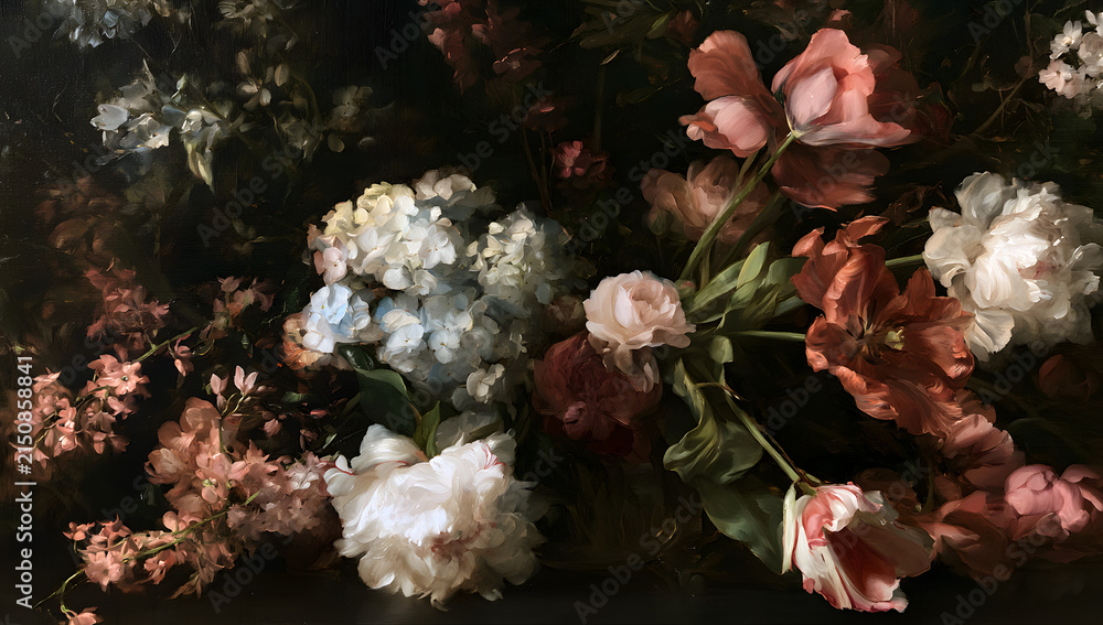 Fototapeta premium Timeless oil painting of hydrangeas and tulips with peonies against a moody dark floral background. Great for holiday greetings and packaging