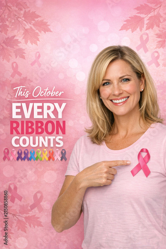 This is a pink ribbon for breast cancer awareness month, observed in October. The woman wears a pink shirt and smiles at the camera.