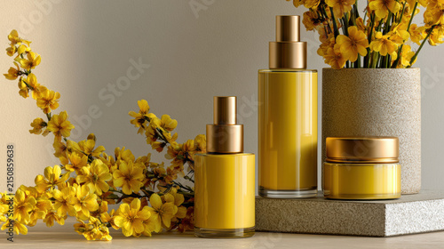 Botanical skincare product luxury cosmetic bottle serum cream jar yellow flower golden minimalist still life botanical skincare product display