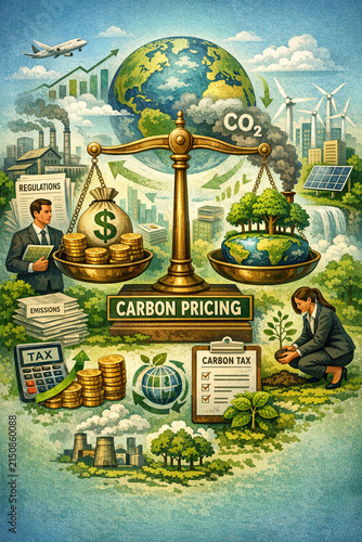 Illustration of a balance scale symbolizing the weighing of economic benefits against environmental impacts, with money bags and coal on one side and trees and solar panels on the other.