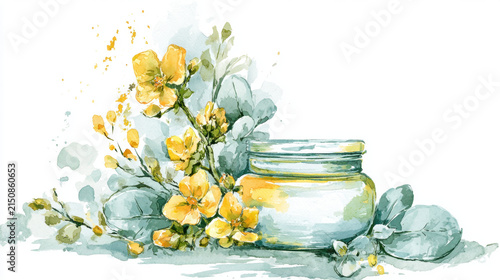 Watercolor illustration herbal face cream jar yellow flower green leaf cosmetic botanical Watercolor illustration herbal face cream jar with