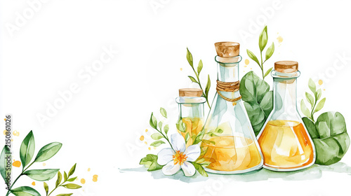 Minimal botanical watercolor essential oil glass bottle cork stopper floral spa arrangement with aromatic oil bottles green leaf white flower