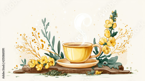 Steaming cup herbal tea mullein yellow cup saucer floral illustration steaming botanical cozy warm tea. Soft abstract herbal drink art with yellow