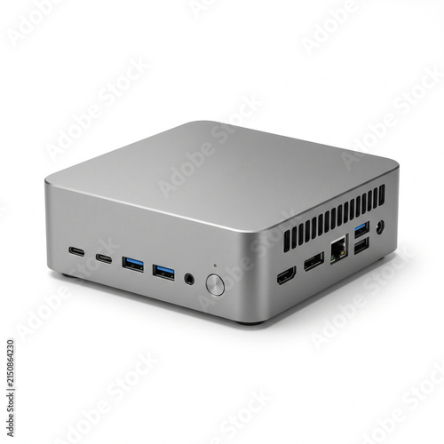 Modern compact desktop mini computer isolated on a pure white background