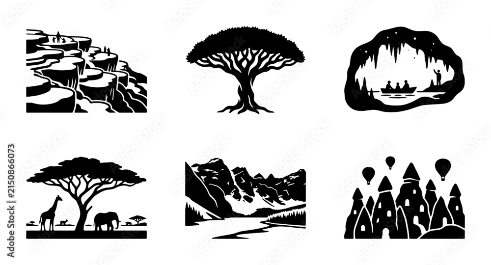 Fototapeta premium African Safari Landscape Icons, Silhouette Nature Scenes, Wildlife & Travel Vector Graphics Set
