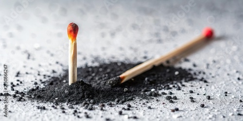 A solitary burning matchstick stands tall amidst a scattering of ash, symbolizing resilience and the aftermath of a fleeting flame.