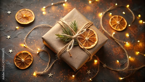 A thoughtfully wrapped gift, adorned with dried citrus and evergreen sprigs, rests amidst a warm glow of fairy lights and rustic star accents