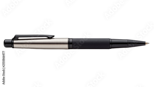 Isolated elegant black and brushed metal rollerball pen for professional writing