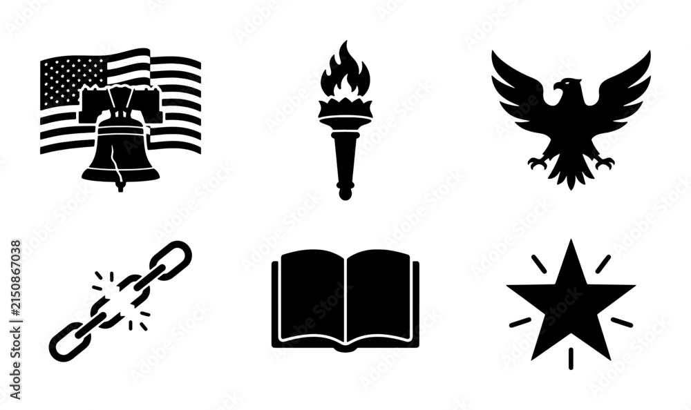 Fototapeta premium American patriotic symbols vector icons: Liberty Bell, flag, eagle, torch, broken chain, open book, star. Set of national emblems for freedom, democracy, and history.