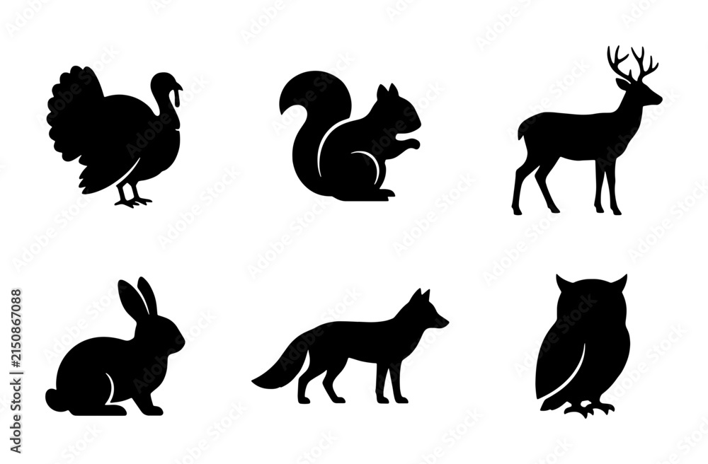 Obraz premium Forest Wildlife Silhouettes: Deer, Fox, Owl, Squirrel, Turkey, Rabbit Vector Icons Set, Black Animal Graphics for Nature Themes