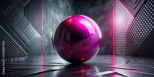 Abstract fuchsia orb in a sleek, modern setting with geometric patterns and neon lighting accents