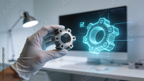 High-resolution professional stock photo of 3D printed mechanical prototype with adjacent teal wireframe hologram.