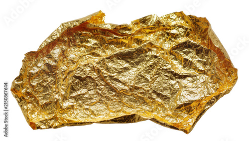 Isolated shiny golden crumpled aluminum foil abstract texture with metallic reflections.
