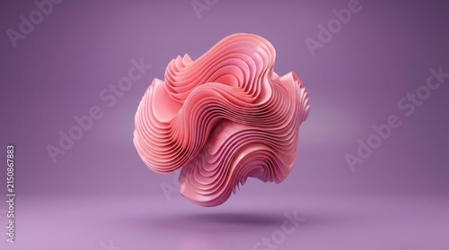 A pink, abstract, wavy, geometric shape floating in the air against a purple background.