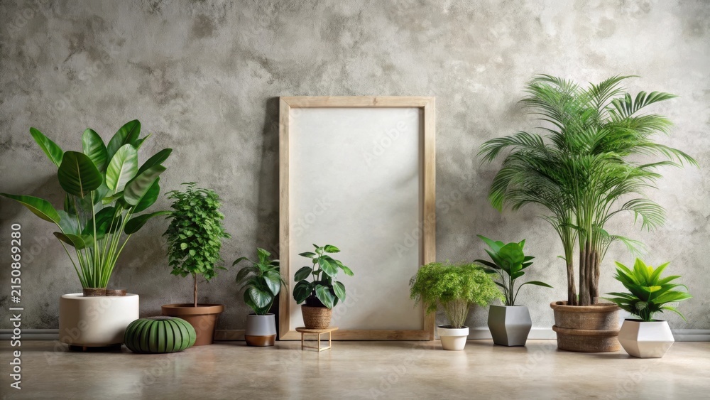 Fototapeta premium Modern Minimalist Interior Design Featuring an Array of Lush Green Potted Plants Flanking a Large Blank Framed Canvas Against a Textured Wall
