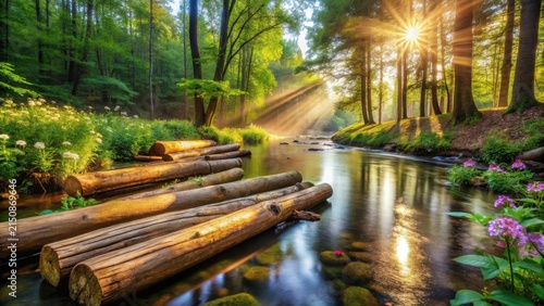Serene Sunrise Illuminates Tranquil River Flowing Through Lush Green Forest, Sunlight Beams Filtering Through Trees, Logs Forming a Natural Bridge