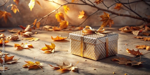 Autumnal Gift Presentation A Luxurious Gold-Wrapped Present Surrounded by Fallen Leaves in Warm Sunlight