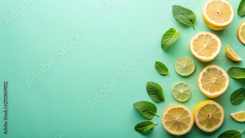 Refreshing Citrus and Mint Arrangement on a Teal Background A Vibrant Summer Design