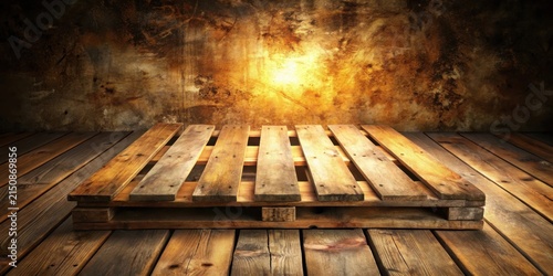 Rustic Wooden Pallet on Aged Planks Against a Textured Wall with Warm Lighting