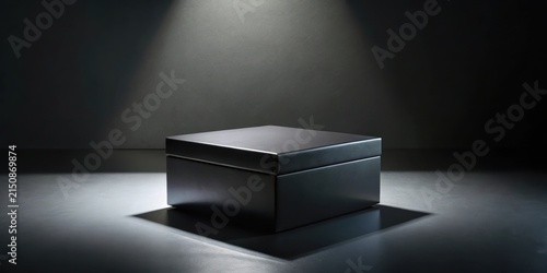 A solitary, dark box sits illuminated, a mysterious present under a single spotlight on a sleek surface