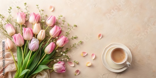 A delicate bouquet of pastel pink tulips and sprigs of greenery rests on a soft beige surface, accompanied by a warm cup of tea on a saucer, creating a serene and elegant scene.