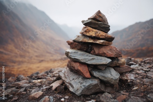 Rock pile stands in the mountain valley under cloudy sky near a hiking trail in the afternoon hours