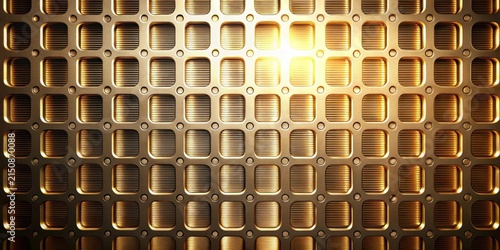 Illuminated Golden Grid A Textured Metallic Surface with Repeated Square Patterns and Circular Fasteners